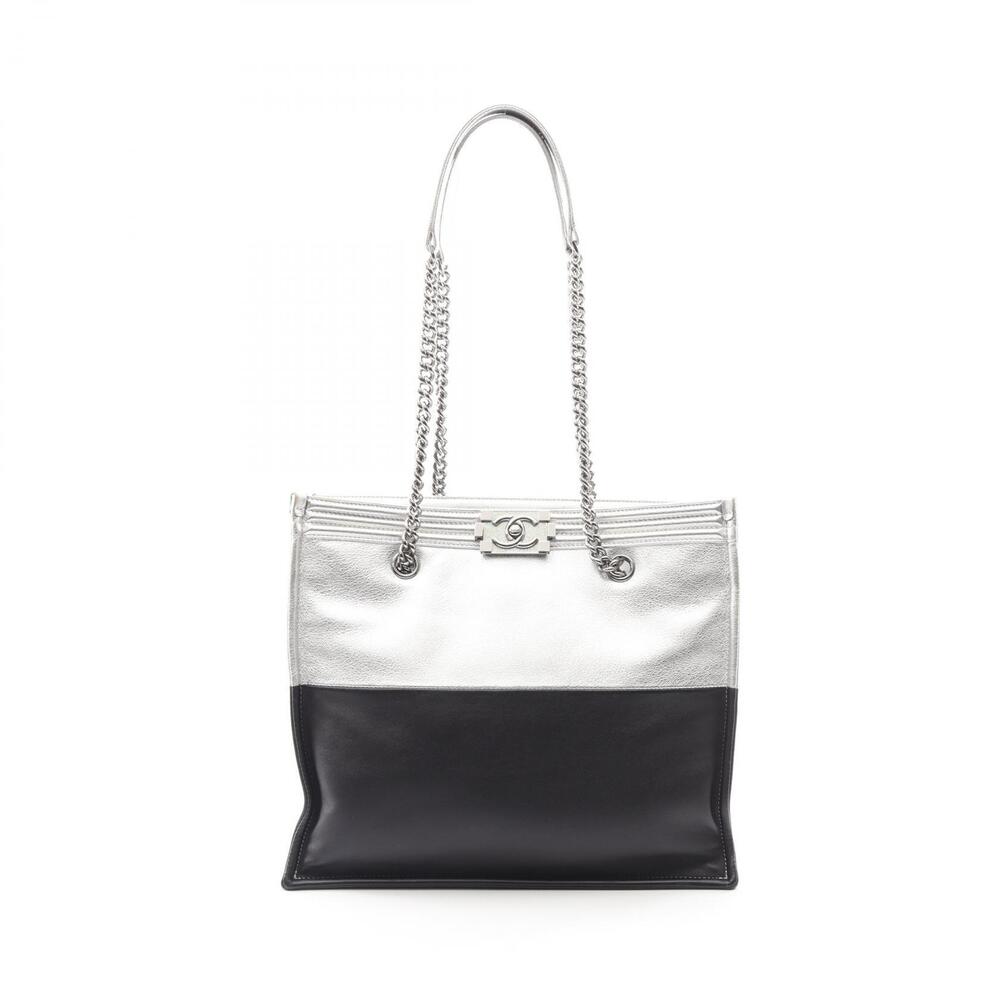 Chanel Boy Tote Bag Leather Silver Black - Picture 1 of 8